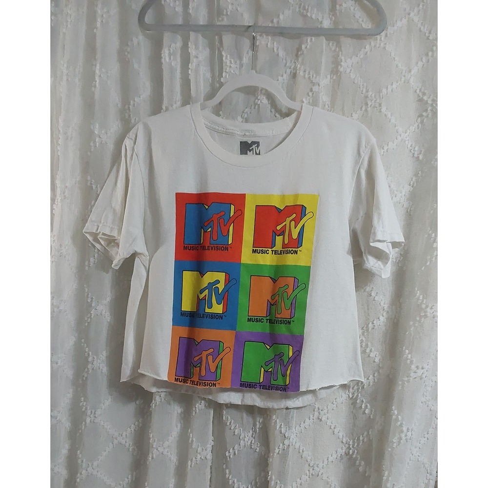 MTV Graphic Crop Top T-Shirt White Multi Color Logo Grid Raw Hem Large